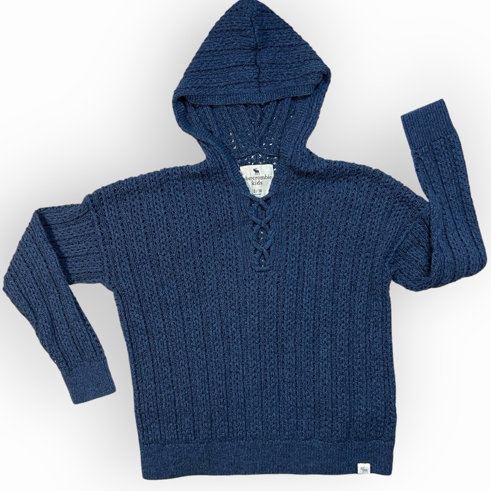 Abercrombie & Fitch Kids Blue Hooded Sweater 13/14 Youth Pullover Weave Lace Up - Picture 1 of 10